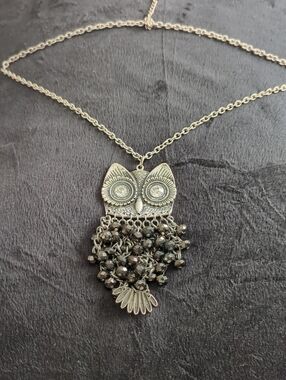 Silver Owl Pendant Necklace with Black Beaded Fringe